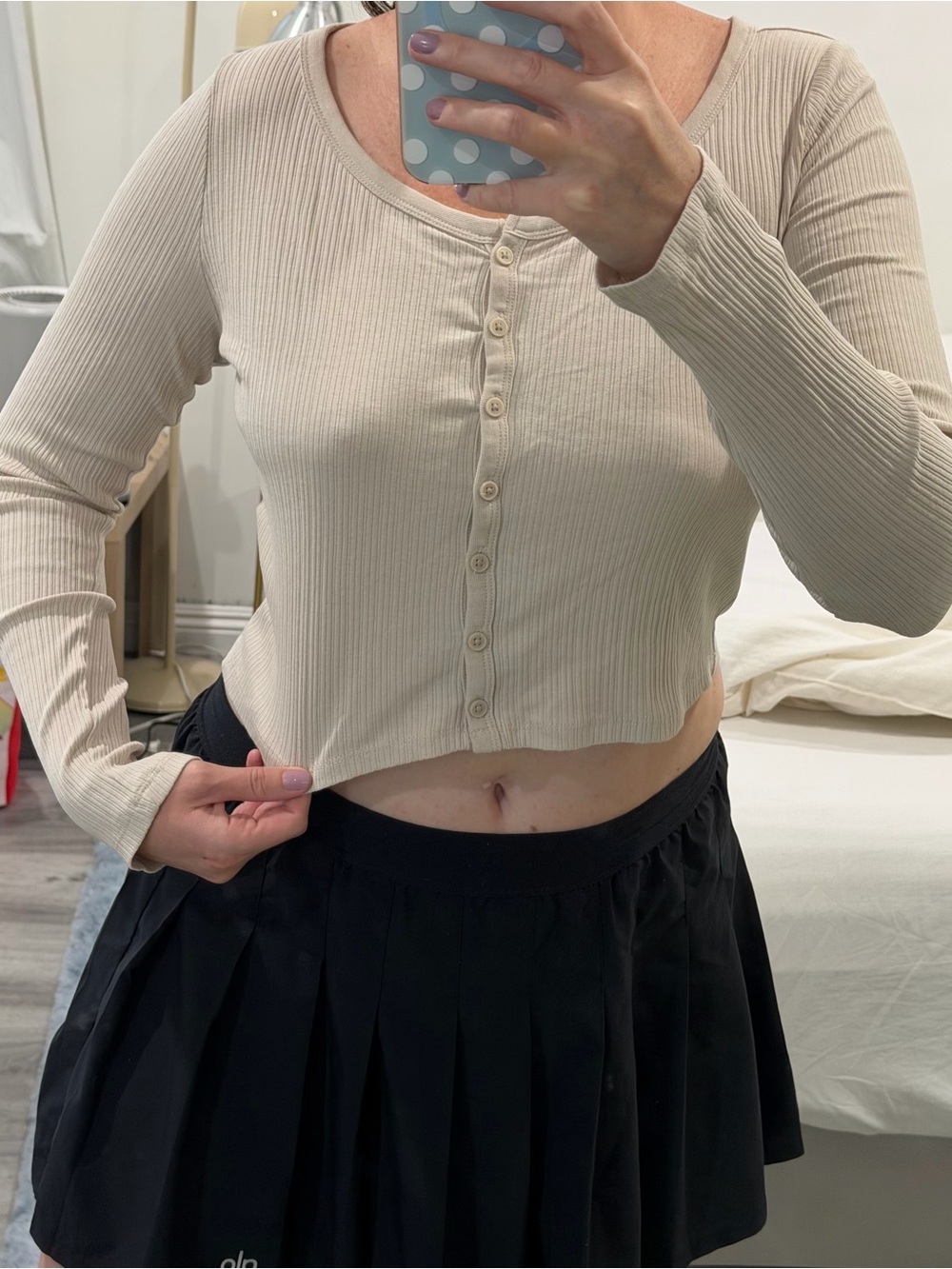 ASOS Cream Ribbed Button Crop Top - Picture 3 of 3
